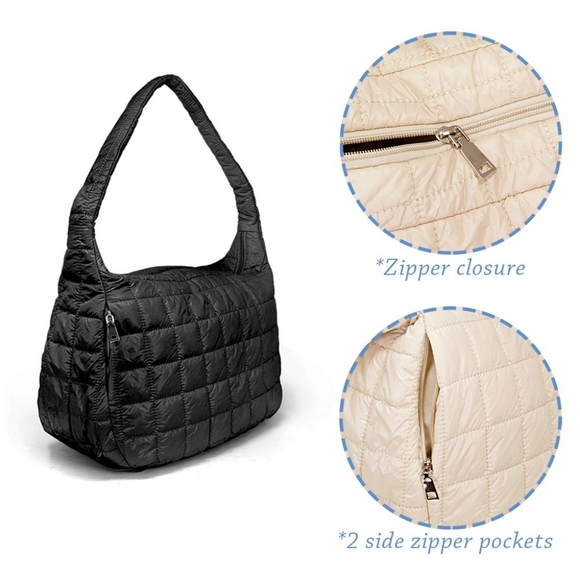 Beige Puffer Hobo Bag Purse Quilted Shoulder Womens Fashion Accessory Statement - Picture 2 of 3